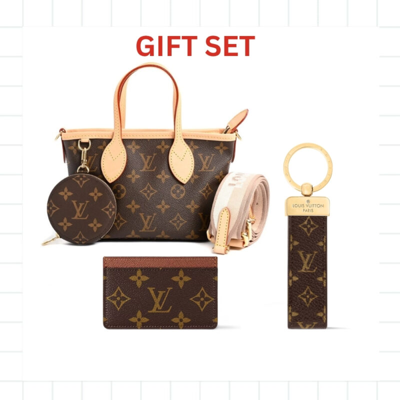 GIFT SET: LOUIS VUITTON NEVERFULL BB BAG BEIGE WITH CARD WALLET & DRAGONNE KEYCHAIN