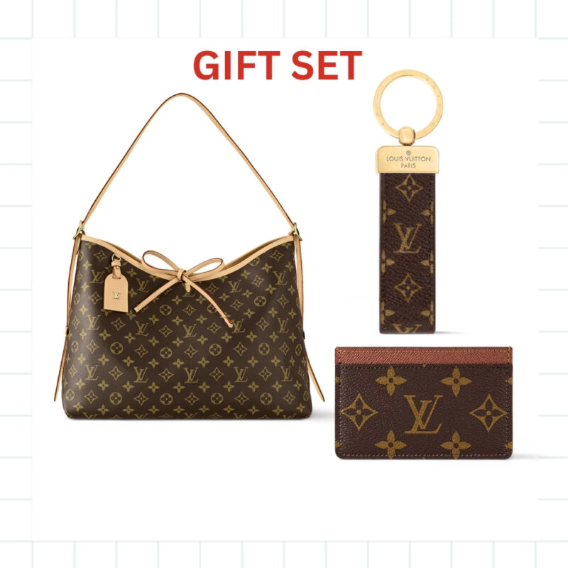 GIFT SET: LOUIS VUITTON CARRYALL PM BAG MONOGRAM CANVAS WITH CARD WALLET & DRAGONNE KEYCHAIN