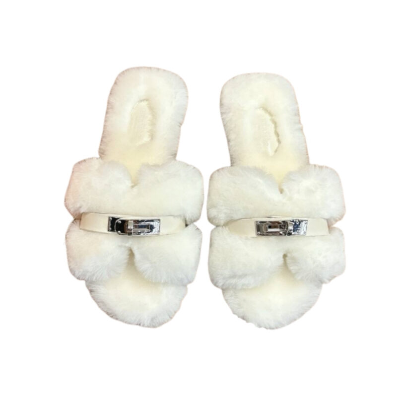 HERMES SHEARLING FUR ORAN SILVER BUCKLE SANDAL WHITE