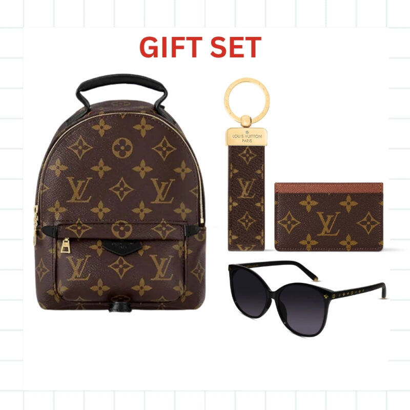 GIFT SET: LOUIS VUITTON MONOGRAM PALM SPRINGS MINI BACKPACK WITH CARD WALLET & DRAGONNE KEYCHAIN & MY MONOGRAM LIGHT CAT EYE GLASSES