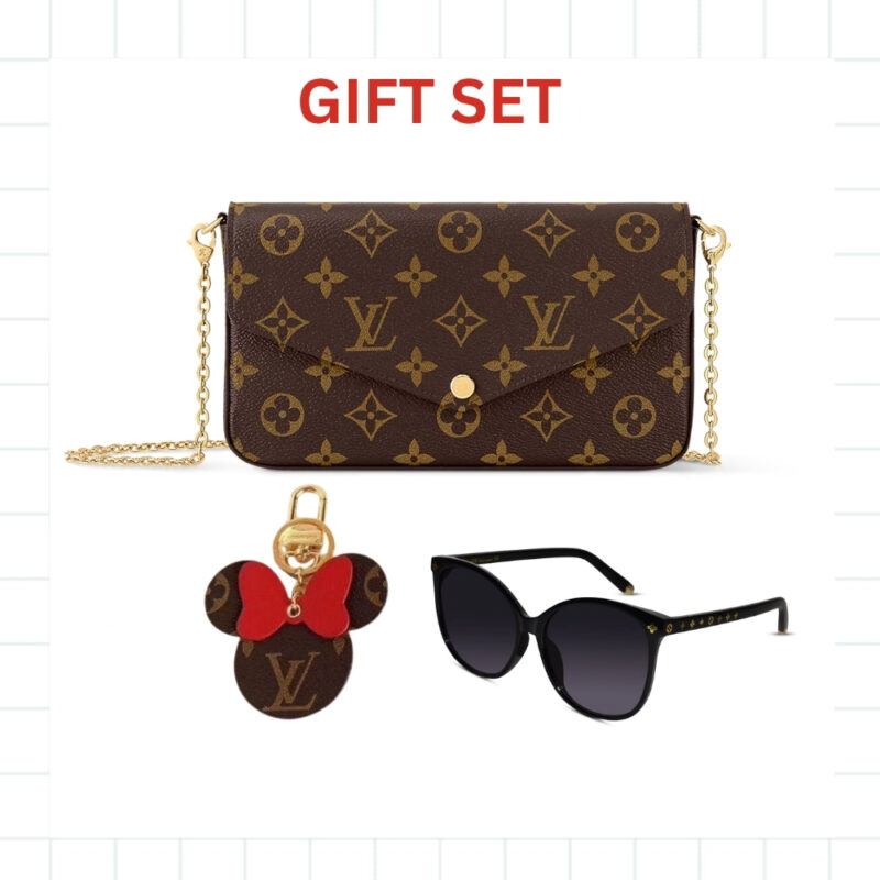 GIFT SET: LOUIS VUITTON FÉLICIE POCHETTE BAG MONOGRAM WITH MICKEY MOUSE KEYCHAIN & MY MONOGRAM LIGHT CAT EYE GLASSES