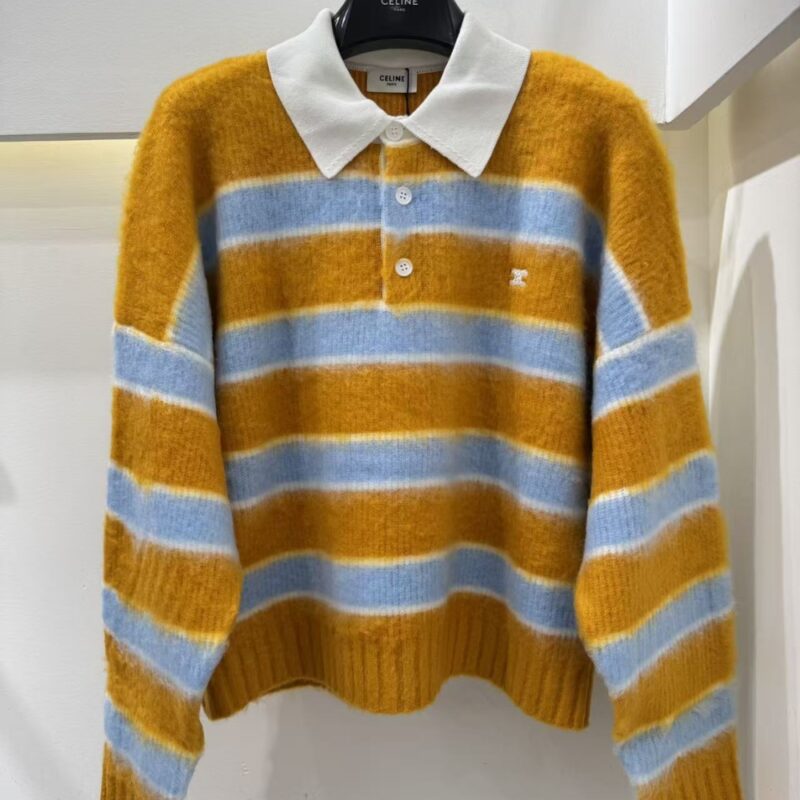 Alternative view of CELINE POLO SWEATER IN BRUSHED STRIPED COTTON OCHRE AND LIGHT BLUE RY0FQ0ZQJ GBO7