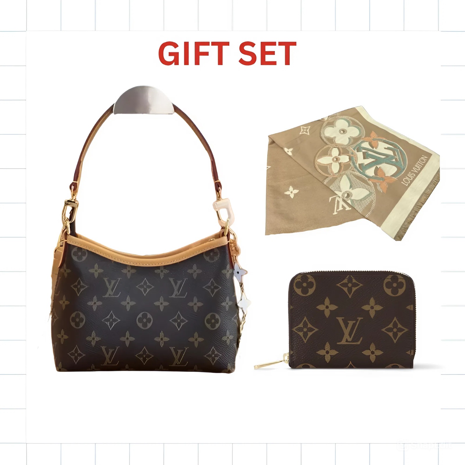 GIFT SET: LOUIS VUITTON CARRYALL BAG IN MONOGRAM CANVAS WITH KNOW ZIPPY COIN & SCARF MONOGRAM BEIGE