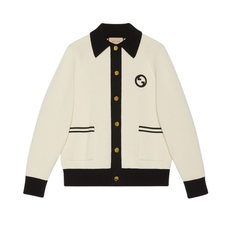 GUCCI KNIT COTTON WOOL CARDIGAN WITH PATCH BEIGE