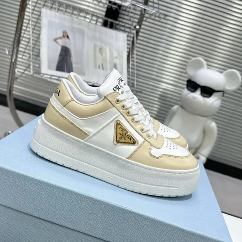 Alternative view of PRADA DOWNTOWN BOLD LEATHER SNEAKERS DESERT AND WHITE 1E792M 3LPG F0P09 F 050