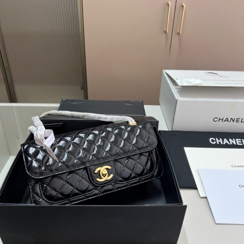 Alternative view of CHANEL FLAP BAG GLOSSY AND GOLD PLATED METAL BLACK 26CM AS5694 B21434 94305