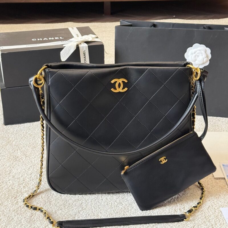 Alternative view of CHANEL QUILTED HOBO SHOULDER BAG BLACK BRUSHED GOLD HARDWARE 33CM