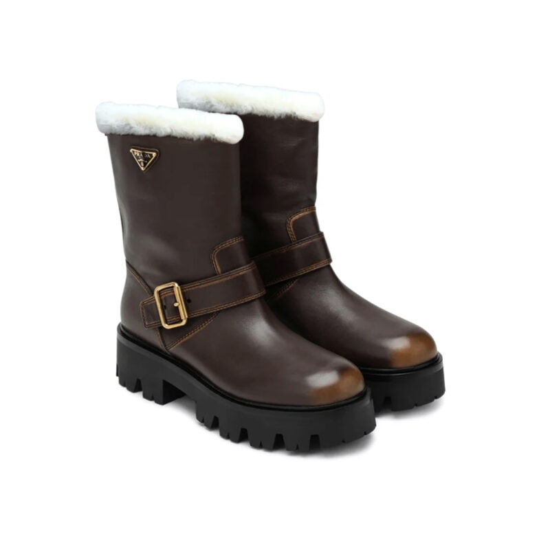 PRADA LEATHER AND SHEARLING BOOTIES COCOA BROWN 1U187O DFW F0324 F 050