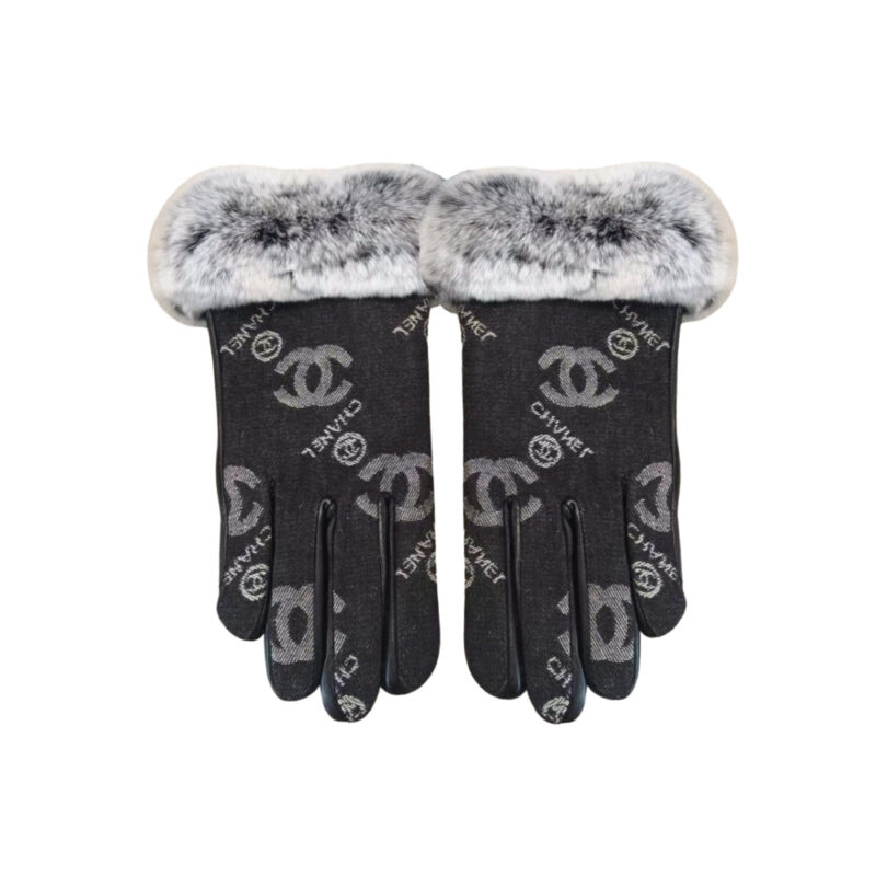 CHANEL CC LOGO RABBIT FUR LEATHER FLEECE GLOVES DENIM BLACK