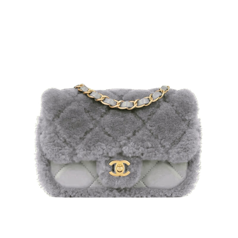 CHANEL FLAP BAG TEDDY SHEARLING AND GOLD TONE METAL GREY 25CM