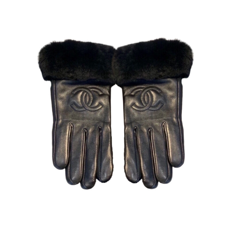 CHANEL CC LEATHER RABBIT FUR GLOVES ALL BLACK