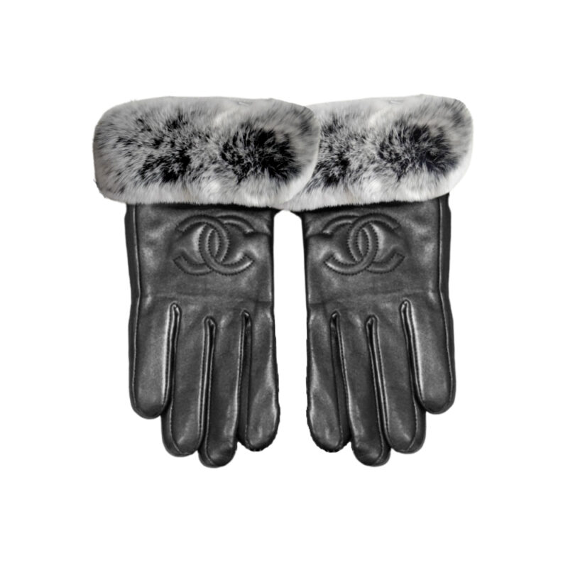 CHANEL CC LEATHER RABBIT FUR GLOVES BLACK AND GRAY