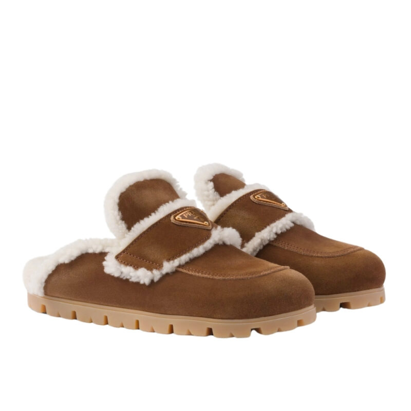 PRADA SUEDE AND SHEARLING SLIPPERS CINNAMON 1S711M X0O F0401 F ZG20