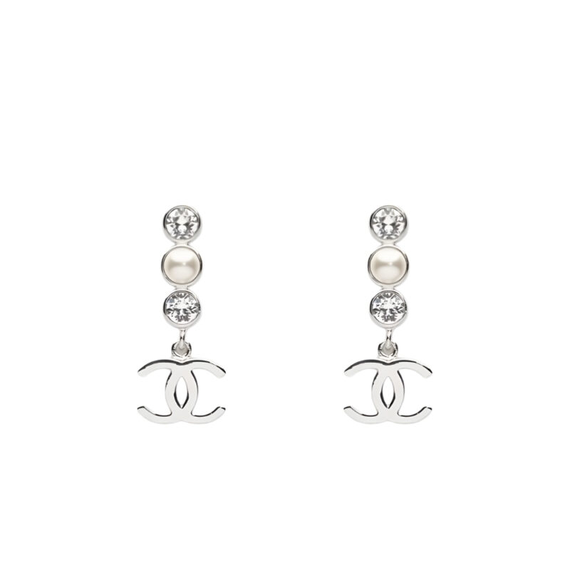 CHANEL CRYSTAL CC PEARL DROP EARRINGS SILVER ABG202 B21707 U2865