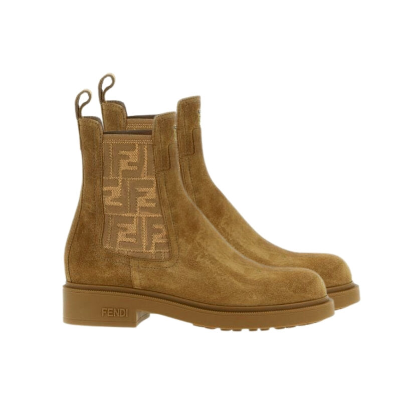 FENDI FILO BOOTS BROWN LEATHER AND FF FABRIC BIKER BOOTS 8T8576AYF2F1TYI