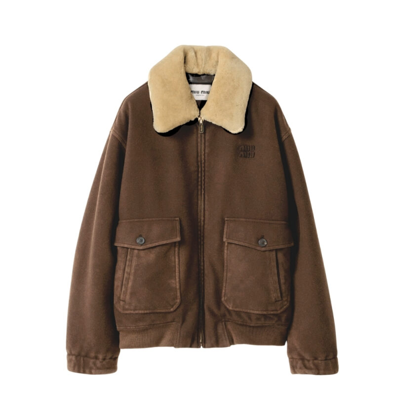 MIUMIU GARMENT DYED WOOL BLOUSON WITH SHEARLING COLLAR BROWN ML1338 151I F0005 S OOO