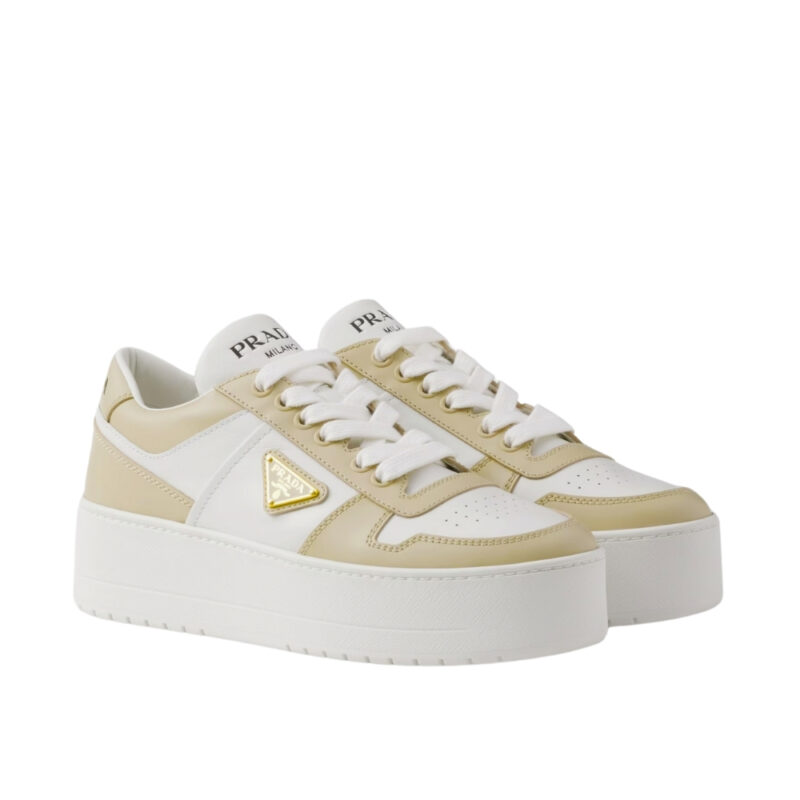 PRADA DOWNTOWN BOLD LEATHER SNEAKERS DESERT AND WHITE 1E792M 3LPG F0P09 F 050
