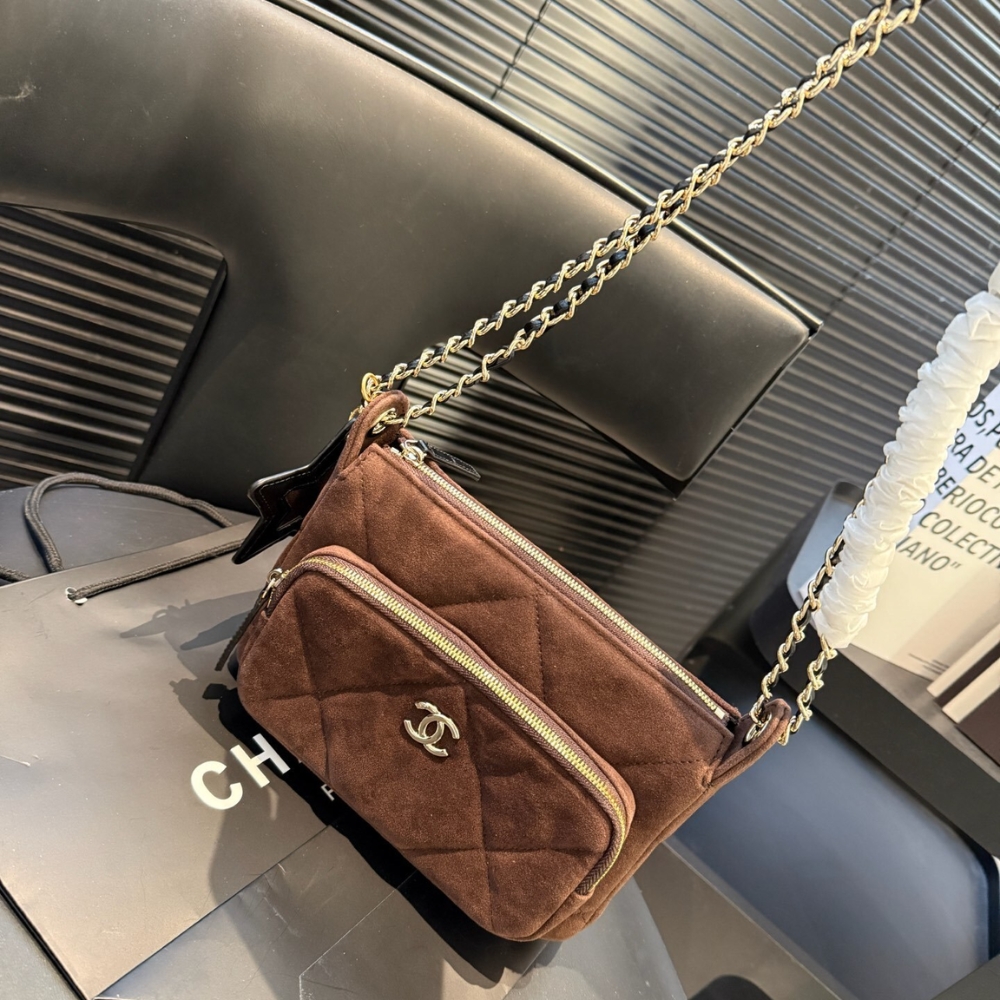 Chanel Clutch With Strap Velvet Effect Nylon Glossy Wrinkled And Gold Metallic Brown 20Cm - Image 4