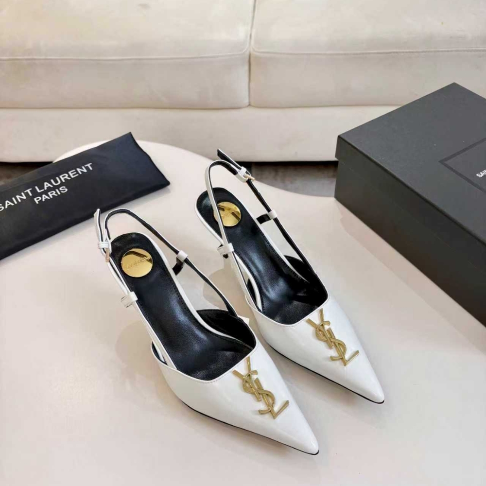 Saint Laurent Pointed Toe Slingback Pumps With Gold Tone Metal White - Image 3