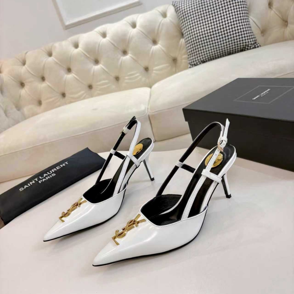 Saint Laurent Pointed Toe Slingback Pumps With Gold Tone Metal White - Image 4