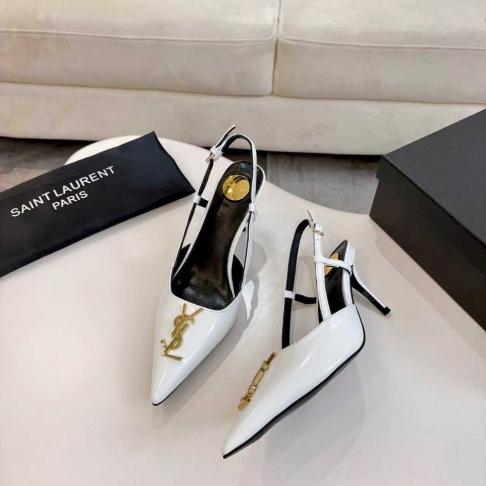 Saint Laurent Pointed Toe Slingback Pumps With Gold Tone Metal White - Image 5