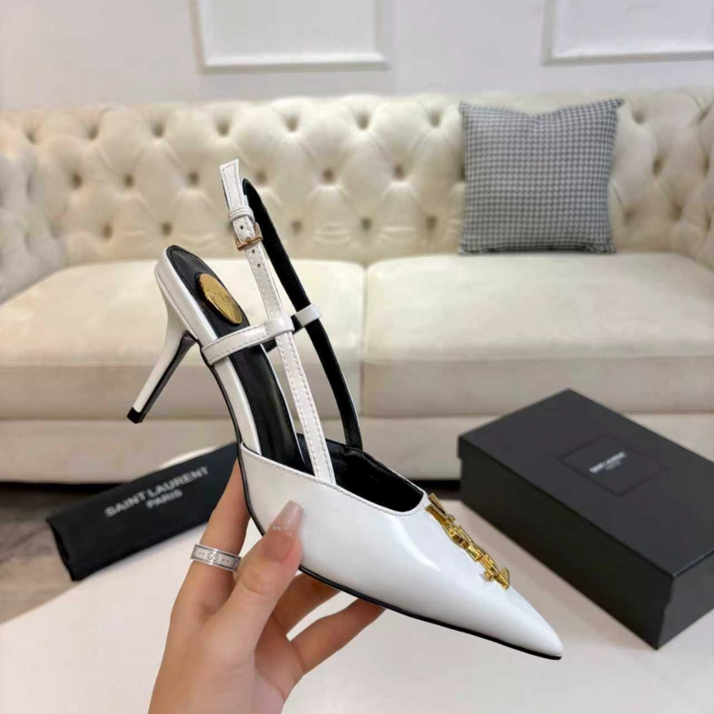 Saint Laurent Pointed Toe Slingback Pumps With Gold Tone Metal White - Image 6