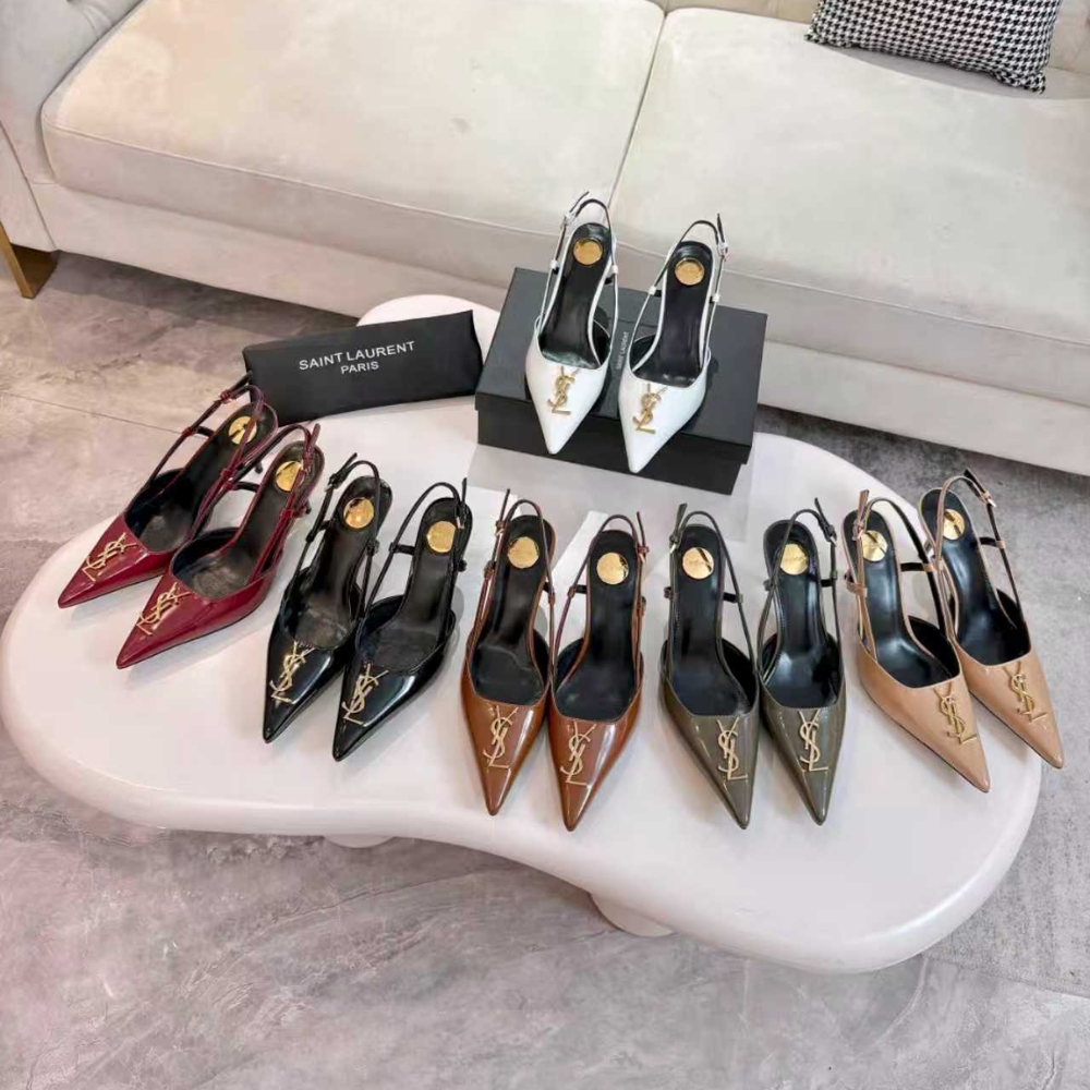 Saint Laurent Pointed Toe Slingback Pumps With Gold Tone Metal White - Image 7