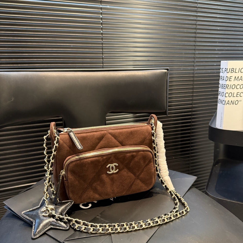 Chanel Clutch With Strap Velvet Effect Nylon Glossy Wrinkled And Gold Metallic Brown 20Cm - Image 2