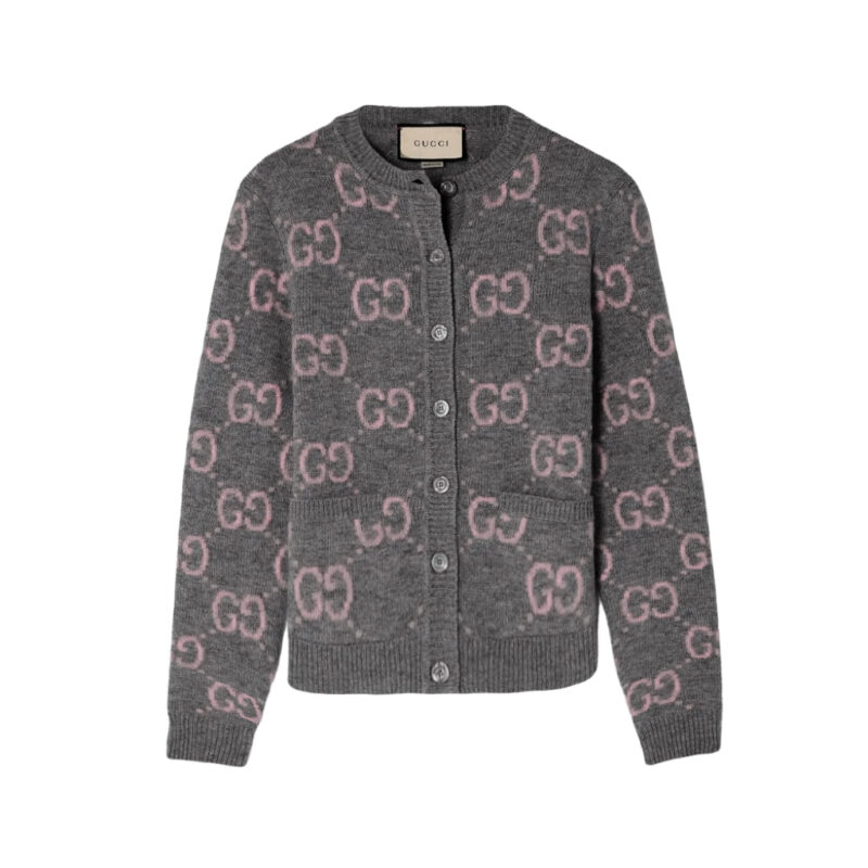 GUCCI GG MONOGRAM KNIT CARDIGAN IN GREY WITH PINK 772886 XKB3V 1124