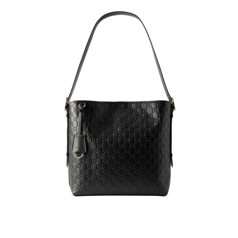 GUCCI GG EMBLEM SMALL SHOULDER BAG IN BLACK GG LEATHER 26CM 848881 AAFDV 1000