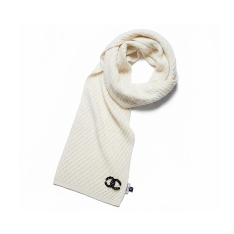 Chanel Cc Logo Patch Cashmere Scarf White