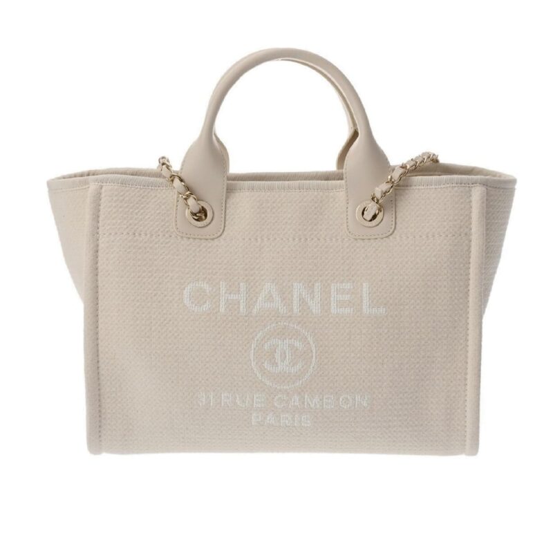 CHANEL DEAUVILLE SHOPPING CANVAS TOTE BAG LIGHT BEIGE 33CM A67001