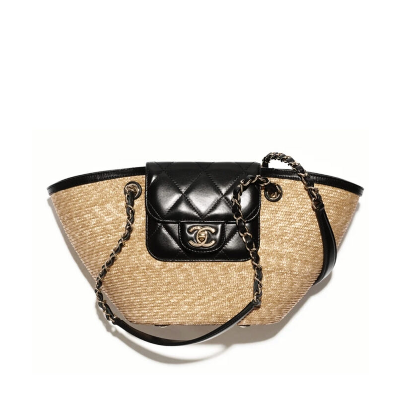 CHANEL SMALL SHOPPING BAG BRAIDED STRAW AND GOLD TONE METAL BEIGE 23CM AS5951 B22647 U6027