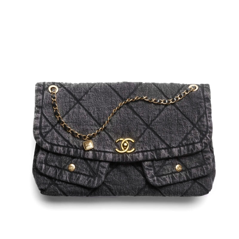 CHANEL MAXI FLAPBAG WASHED DENIM AND GOLD TONE METAL BLACK 30CM AS5727 B22144 94305