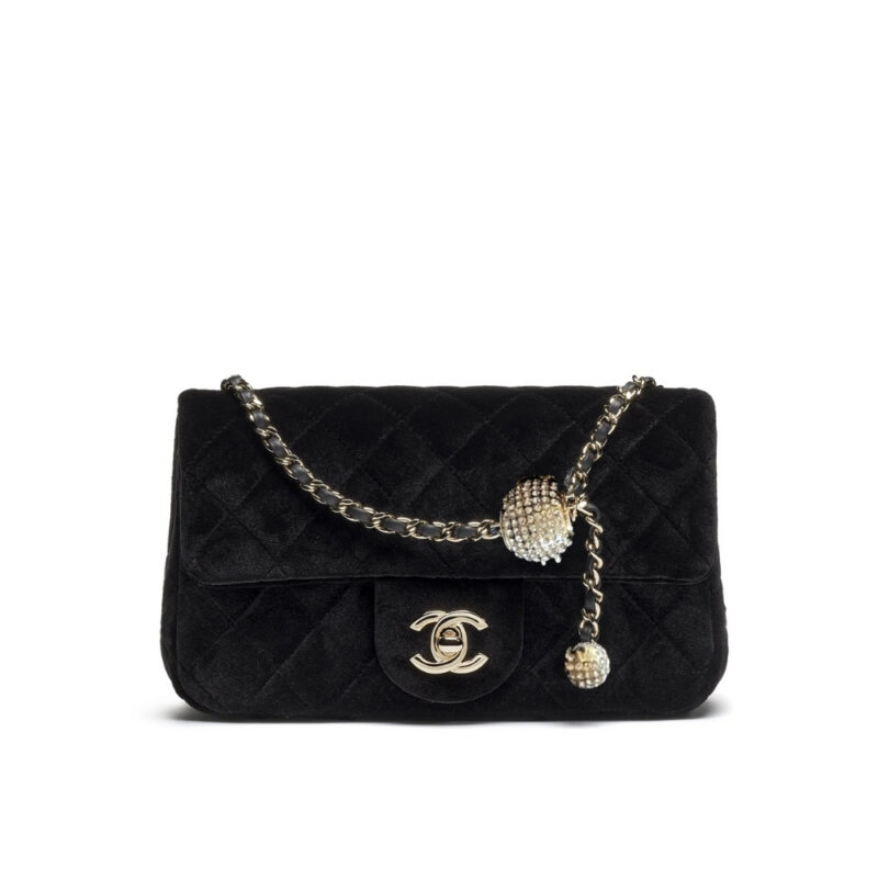 CHANEL MINI FLAP BAG VELVET DIAMANTE AND GOLD TONE METAL BLACK 20CM AS1787 B20826 94305