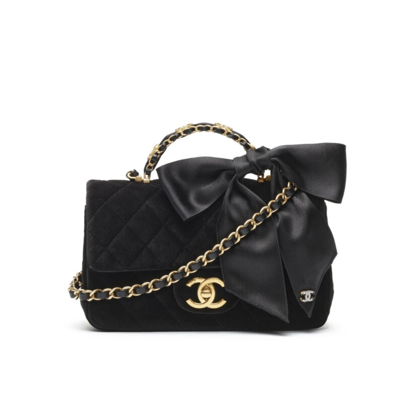 CHANEL MINI FLAP BAG WITH TOP HANDLE VELVET SILK AND GOLD TONE METAL BLACK 20CM AS5875 B22481 94305