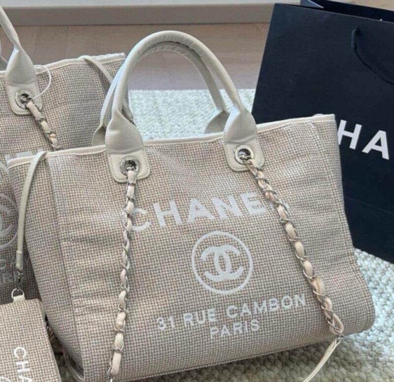 Alternative view of CHANEL DEAUVILLE SHOPPING CANVAS TOTE BAG LIGHT BEIGE 33CM A67001