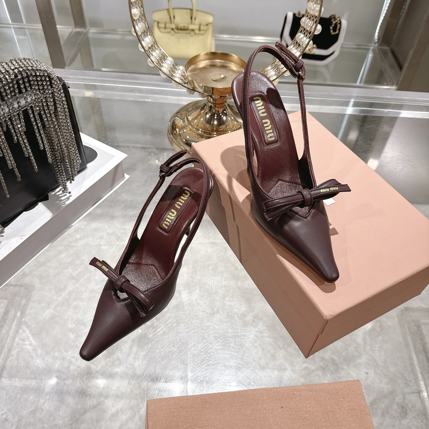 Miu Miu Leather Slingback Pumps With Bow Red - Image 5