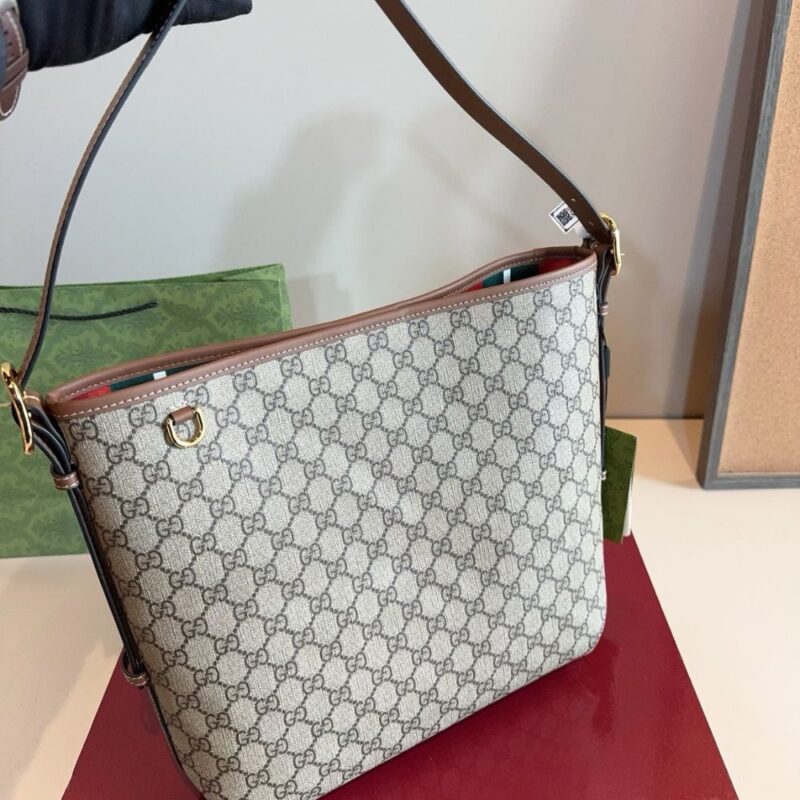 Alternative view of Gucci GG Emblem Medium Bucket Bag Beige And Dark Brown Fabric 29Cm 815103 FAD6L 9758
