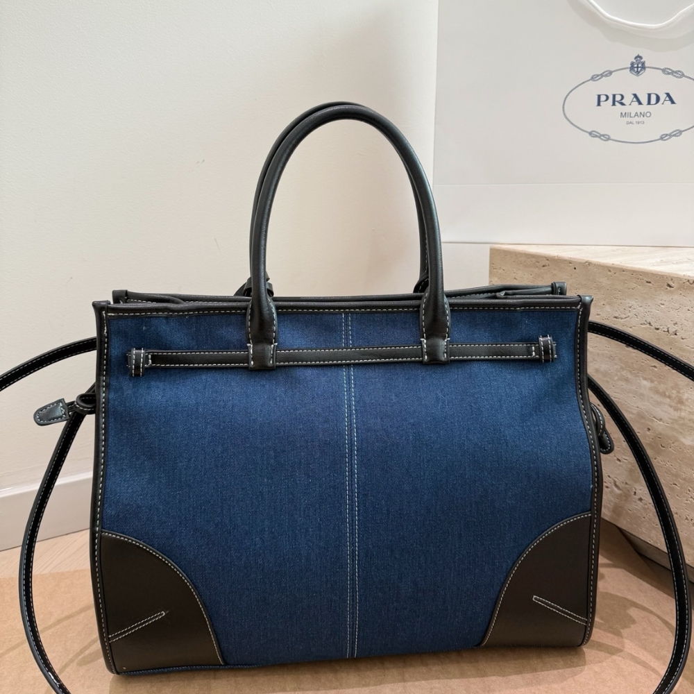 Prada Bonnie Large Denim Handbag Blue Black 38cm - Image 3