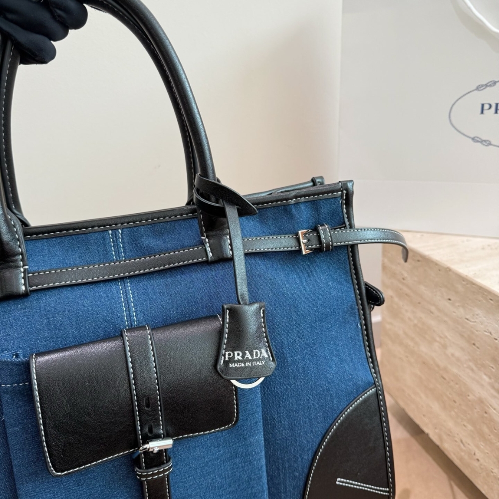 Prada Bonnie Large Denim Handbag Blue Black 38cm - Image 5