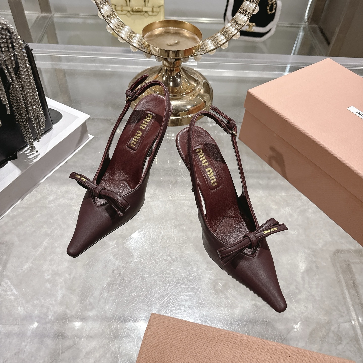 Miu Miu Leather Slingback Pumps With Bow Red - Image 3