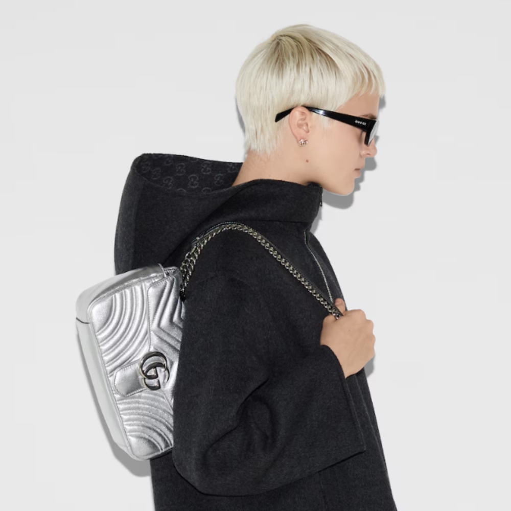 Gucci Gg Marmont Medium Shoulder Bag Metallic Silver Leather 26Cm 443497 AAESP 8106 - Image 7