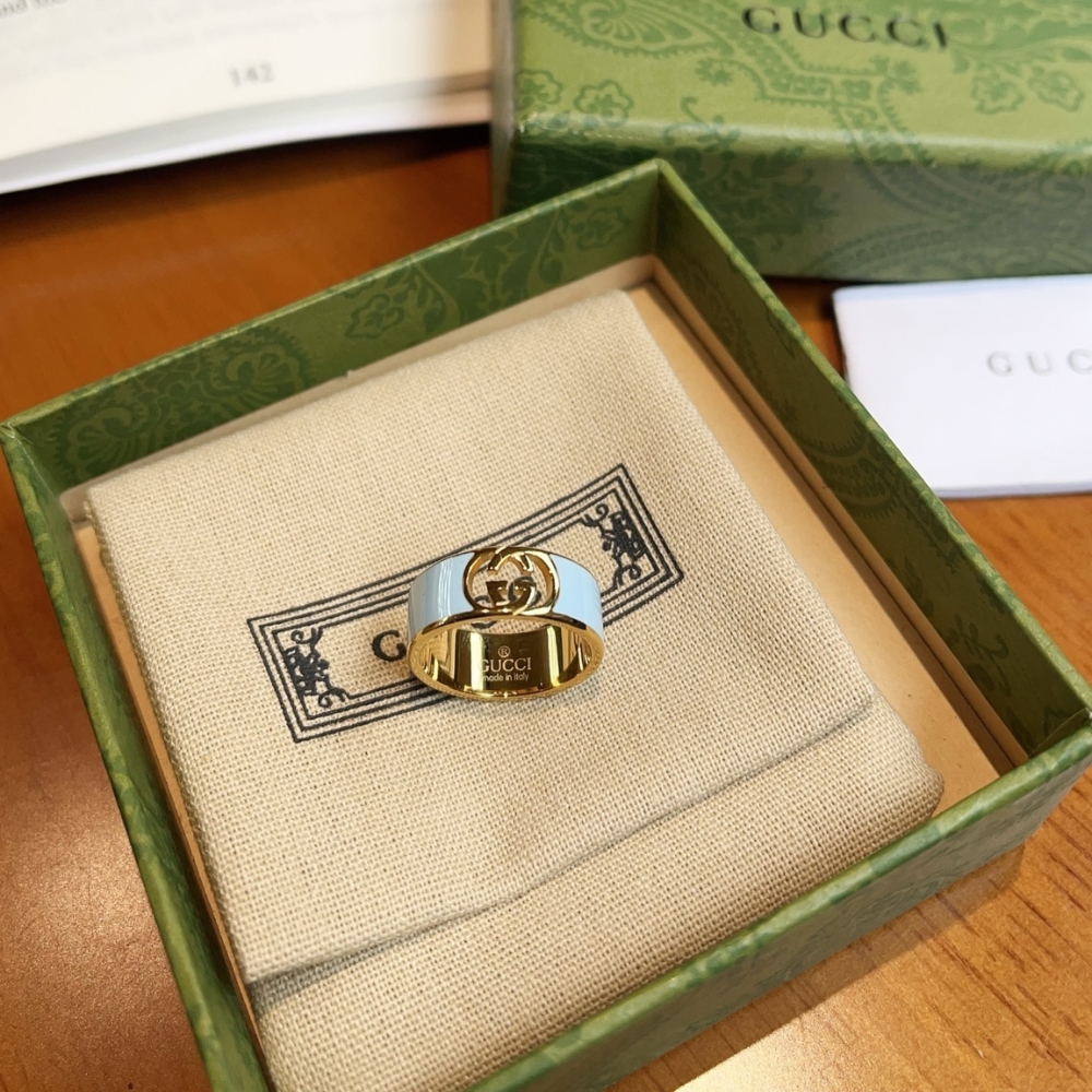 Set Gucci Cuff Bracelet And Ring Interlocking Enamel Light Blue Gold Tone - Image 3