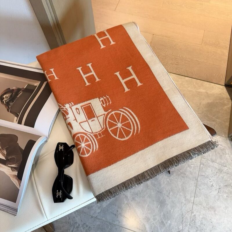 Alternative view of Hermes Equipage Equestrian Horse H Scarf Orange And Beige 180Cm