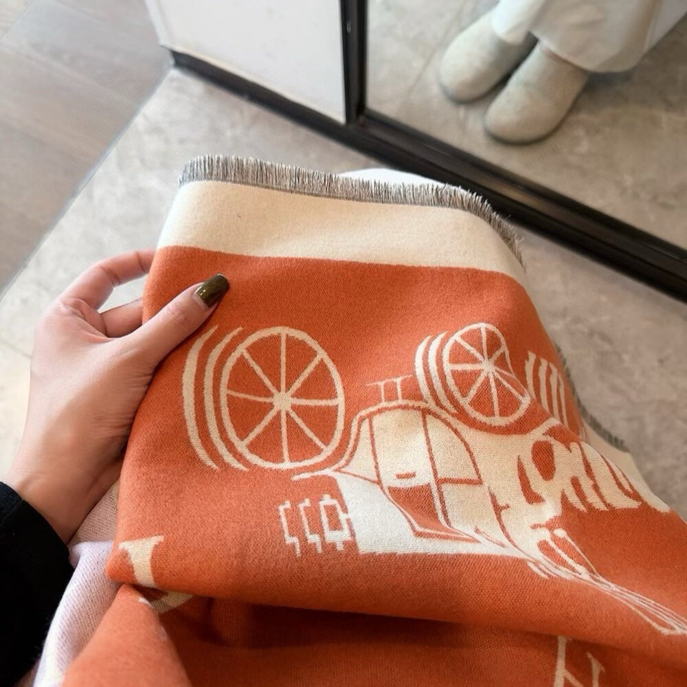 Hermes Equipage Equestrian Horse H Scarf Orange And Beige 180Cm - Image 4