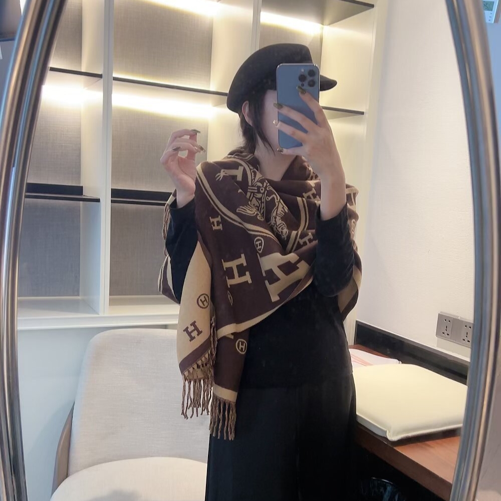 Hermes Muffler H Logo Wool Shawl Brown 180Cm - Image 5