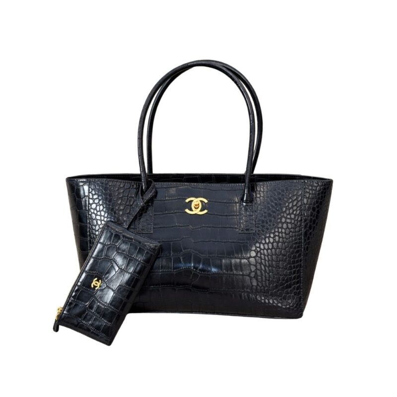 Chanel Large Embossed Tote Bag Black With Gold CC And Pouch 35Cm