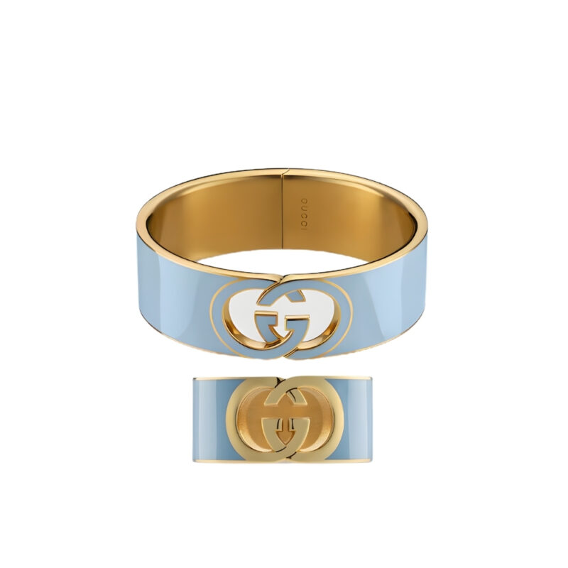 Set Gucci Cuff Bracelet And Ring Interlocking Enamel Light Blue Gold Tone