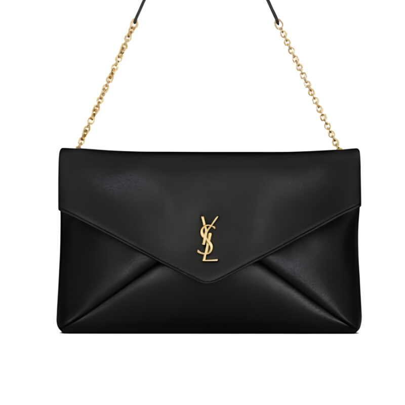 Saint Laurent Cassandre XXL Pouch On Chain In Shiny Leather Black 35Cm